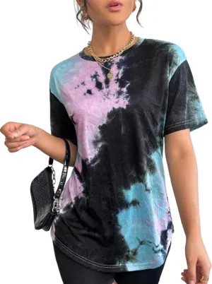 SOFIA'S CHOICE Women's Oversized T Shirts Round Neck Tie Dye Short Sleeve Shirts