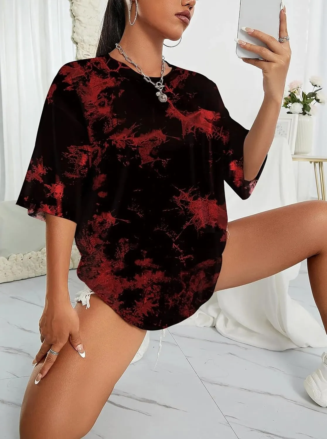 SOFIA'S CHOICE Women's Oversized T Shirts Round Neck Tie Dye Short Sleeve Shirts