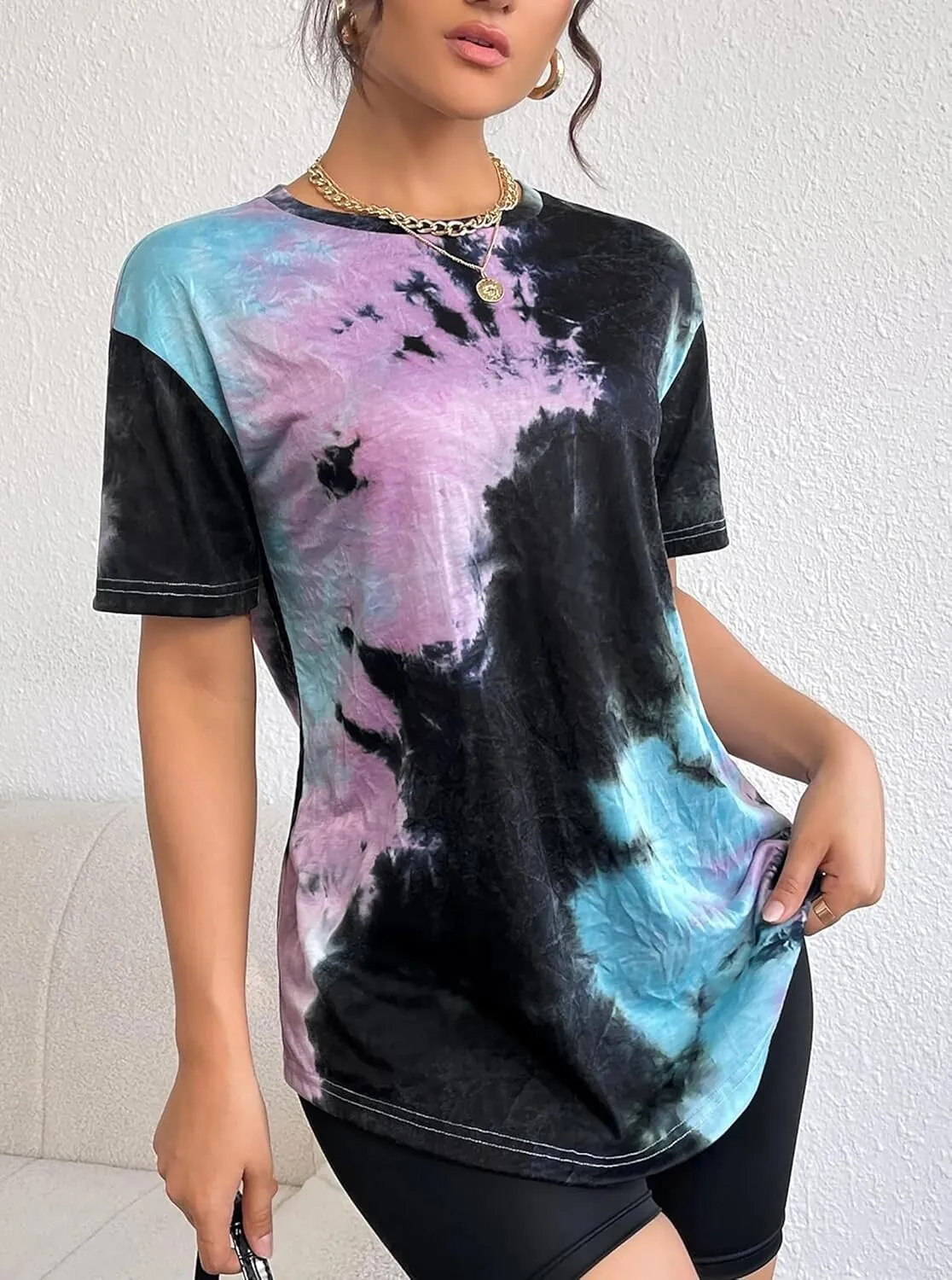 SOFIA'S CHOICE Women's Oversized T Shirts Round Neck Tie Dye Short Sleeve Shirts