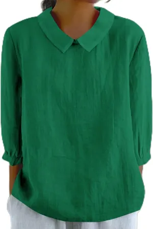 Summer Cotton Linen Gauze Shirts Comfy Breathable Lounge Top Loose 3/4 Sleeve Lapel T Shirt Plain Blouse Plus Size