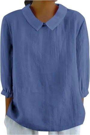 Summer Cotton Linen Gauze Shirts Comfy Breathable Lounge Top Loose 3/4 Sleeve Lapel T Shirt Plain Blouse Plus Size