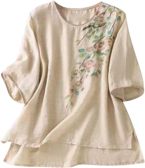 Summer Mexican Embroidered Shirts Women's Peasant Tops Loose Cotton Linen Short Sleeve Bohemian Blouses Tees
