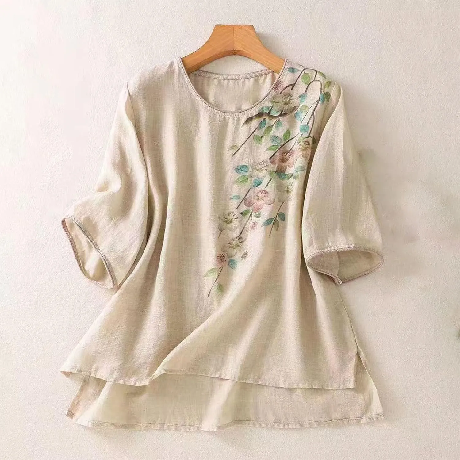 Summer Mexican Embroidered Shirts Women's Peasant Tops Loose Cotton Linen Short Sleeve Bohemian Blouses Tees