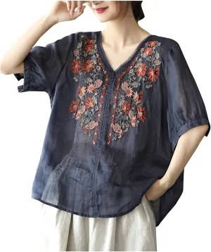Summer Tops for Women Casual Cotton Linen Half Sleeve Tee Shirts Lightweight Mexican Embroidery Peasant Blouses