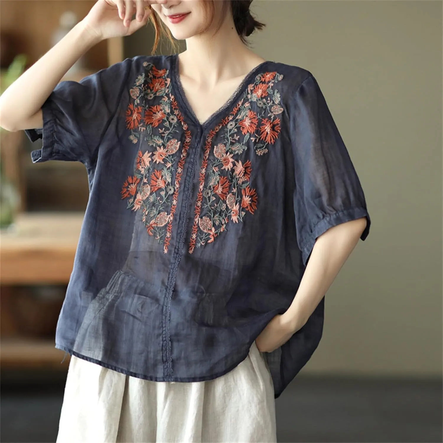 Summer Tops for Women Casual Cotton Linen Half Sleeve Tee Shirts Lightweight Mexican Embroidery Peasant Blouses