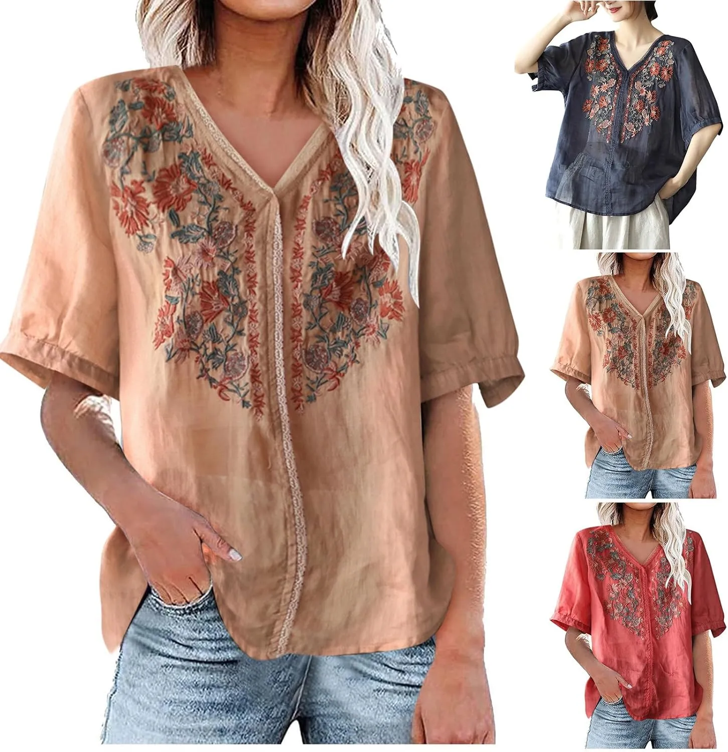 Summer Tops for Women Casual Cotton Linen Half Sleeve Tee Shirts Lightweight Mexican Embroidery Peasant Blouses