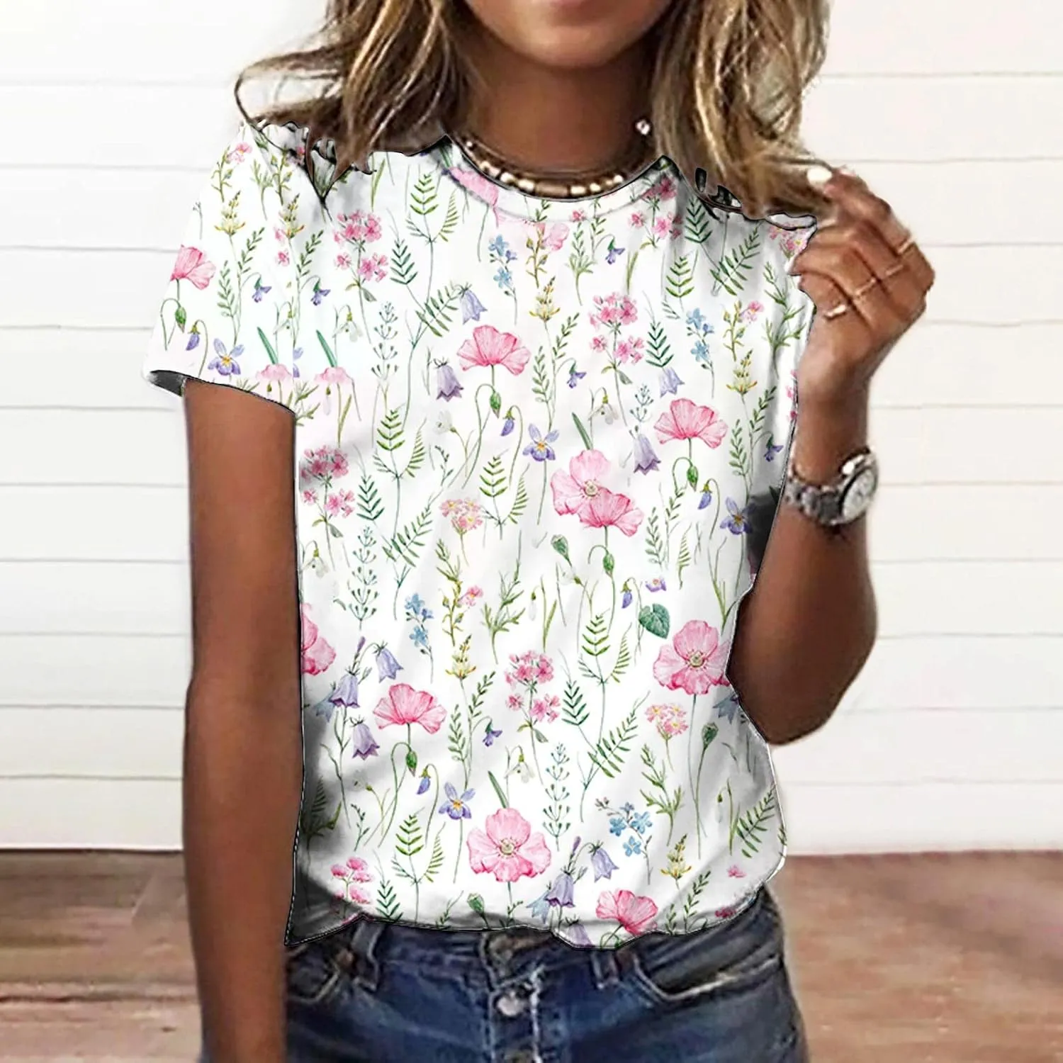Summer Tops,Women's Round Neck Fashion Casual Top Short Sleeve Printed Loose Pullover
