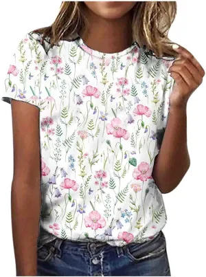Summer Tops,Women's Round Neck Fashion Casual Top Short Sleeve Printed Loose Pullover