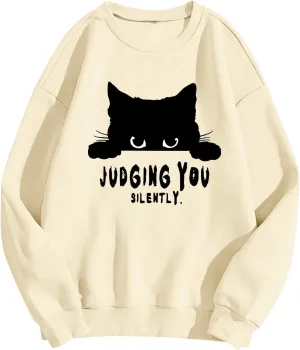 Sweatshirts for Women Loose Fit Funny Cat Print Graphic Hoodie Crew Neck Long Sleeve Oversized Hoodie Fall Trendy