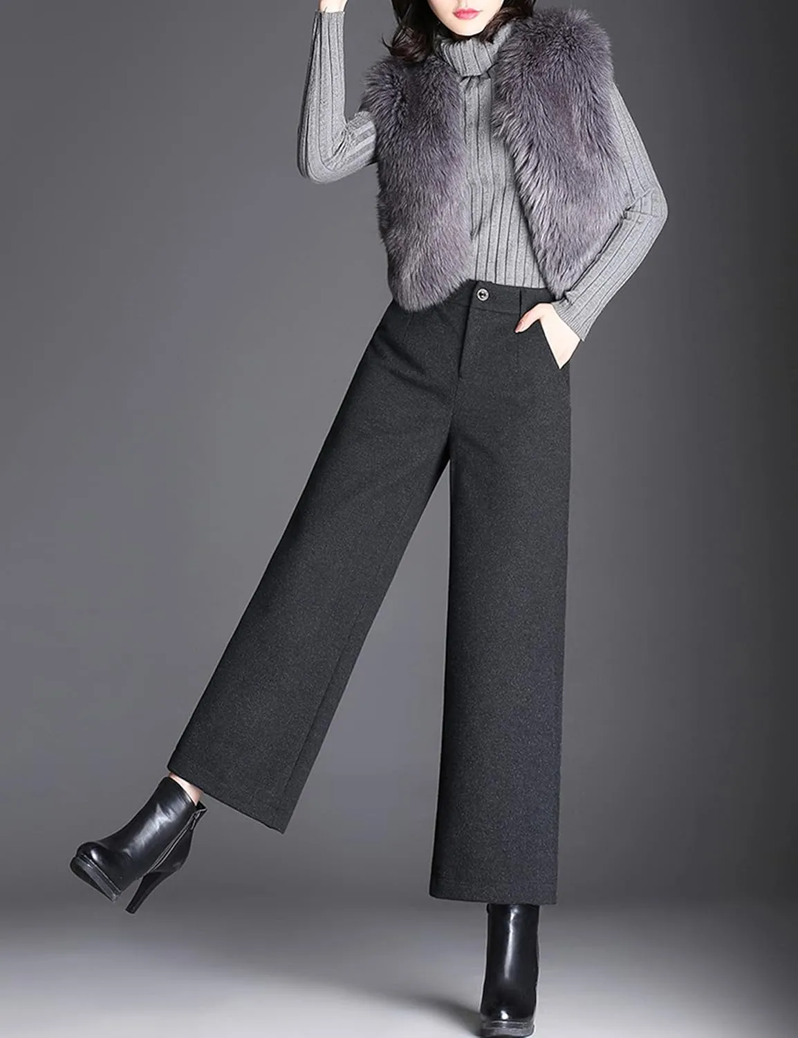 Tanming Women's Casual High Waist Trousers Wool Blend Cropped Wide Leg Pants