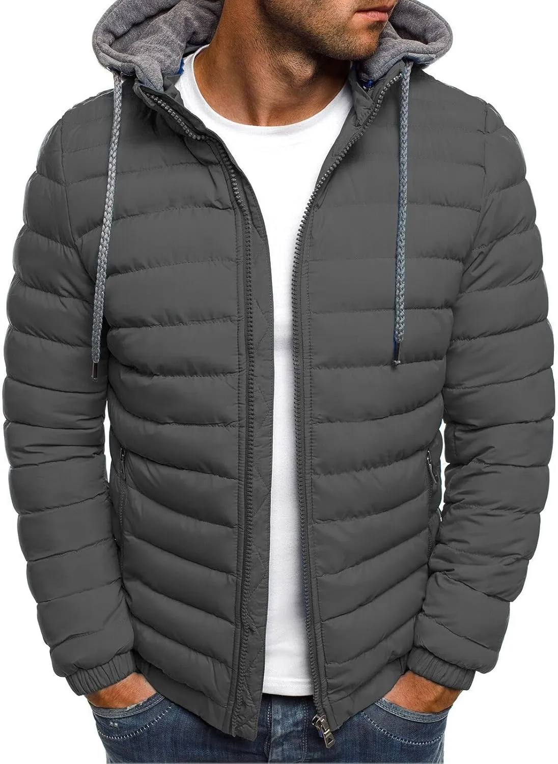Thatrich Lightweight Puffer Jacket Men Hooded Puffy Jackets Warm Padded Coats Full Zip Quilted Shacket Outdoor Coat Outwears