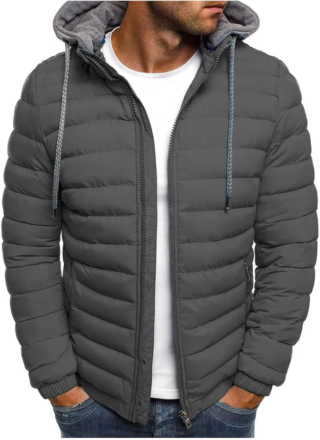 Thatrich Lightweight Puffer Jacket Men Hooded Puffy Jackets Warm Padded Coats Full Zip Quilted Shacket Outdoor Coat Outwears