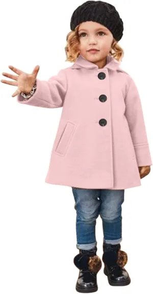 Toddler Girls Trench Coat Baby Girl Woolen Coat Girl Button Dress Coat Peacoat Winter Fall Outerwear