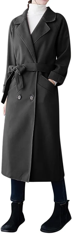 Trench Coat Women Double Breasted Lapel Collar Pea Coats Plus Size Long Winter Coats Casual Overcoat with Belt