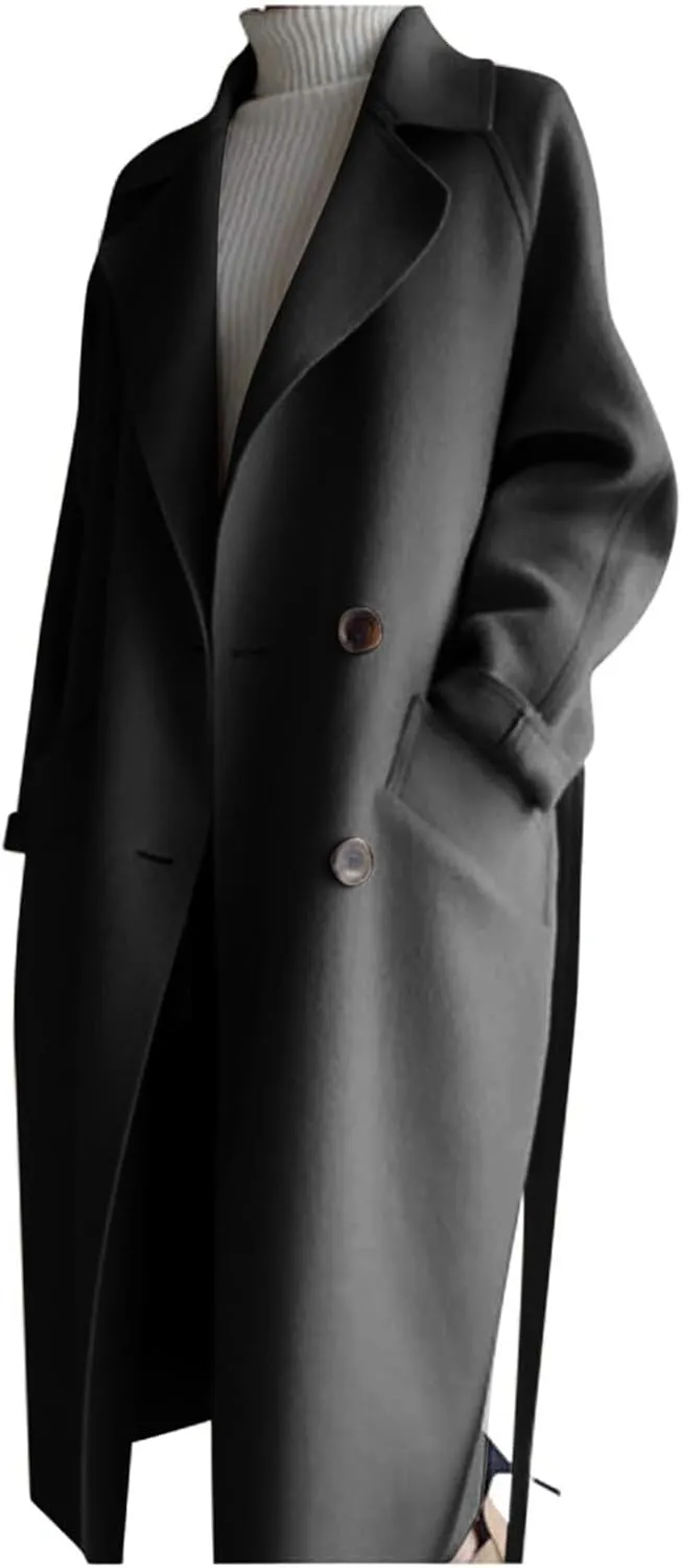 Trench Coat Women Double Breasted Lapel Collar Pea Coats Plus Size Long Winter Coats Casual Overcoat with Belt