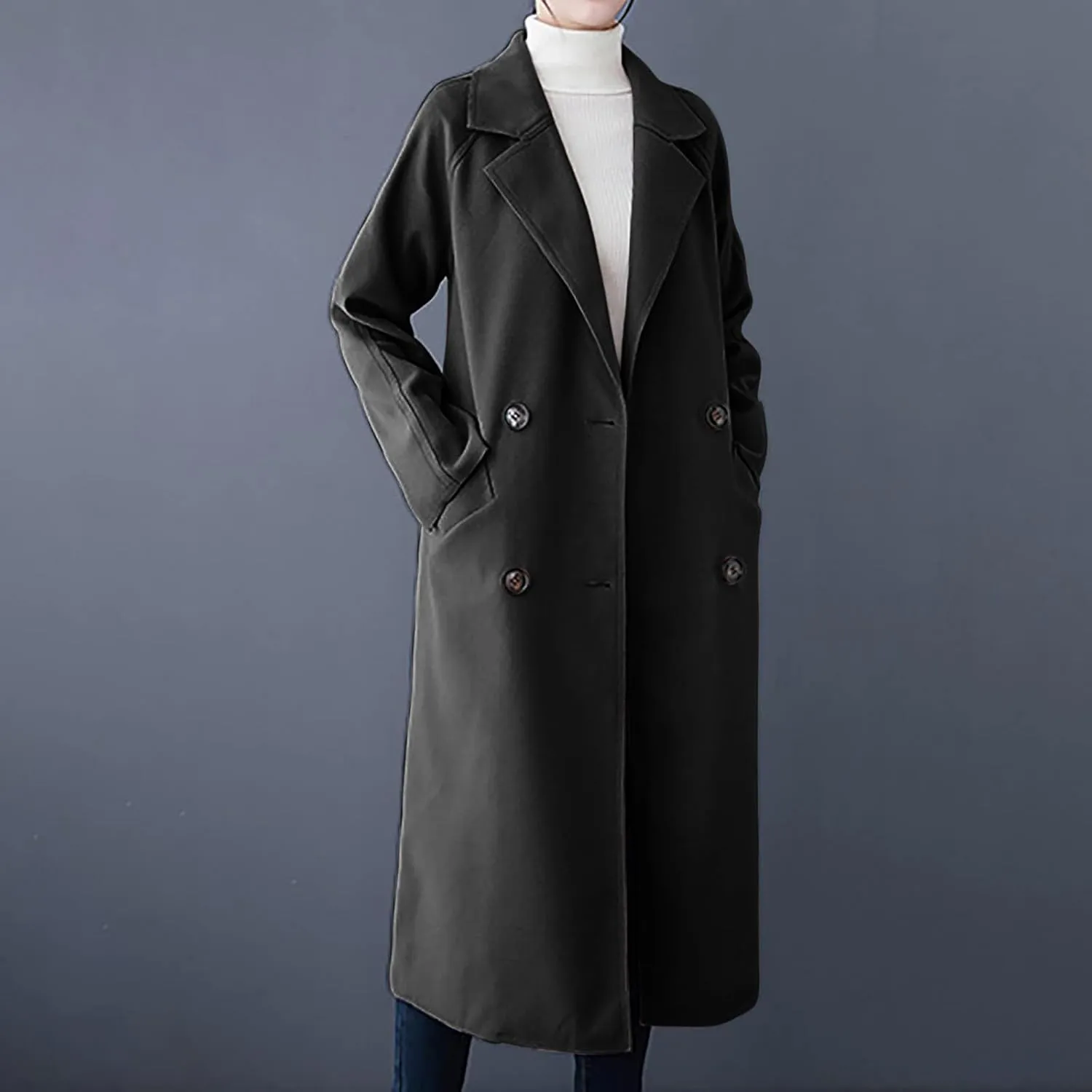 Trench Coat Women Double Breasted Lapel Collar Pea Coats Plus Size Long Winter Coats Casual Overcoat with Belt