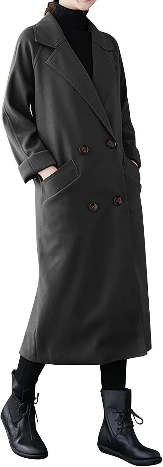 Trench Coat Women Double Breasted Lapel Collar Pea Coats Plus Size Long Winter Coats Casual Overcoat with Belt