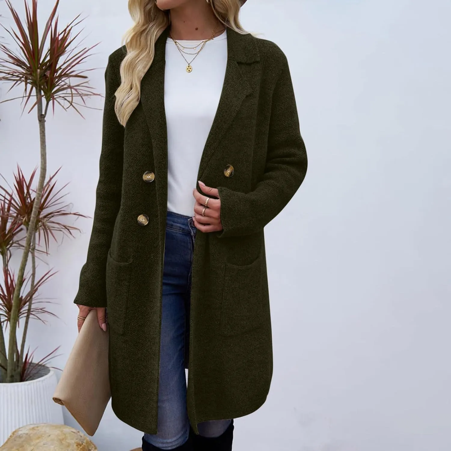 Trench Coat Women Mid Length Wool Coat Button Down Open Front Cardigan Elegant Coat Lapel Peacoat Fall Winter Jacket