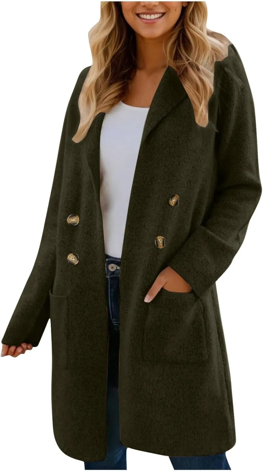 Trench Coat Women Mid Length Wool Coat Button Down Open Front Cardigan Elegant Coat Lapel Peacoat Fall Winter Jacket