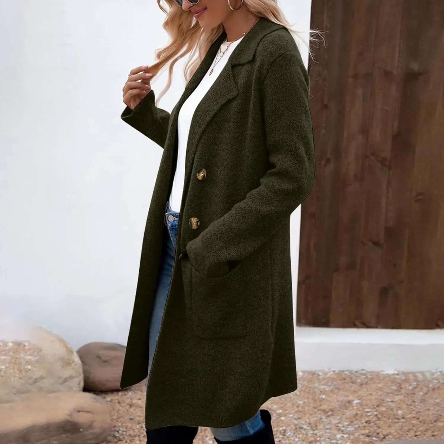 Trench Coat Women Mid Length Wool Coat Button Down Open Front Cardigan Elegant Coat Lapel Peacoat Fall Winter Jacket