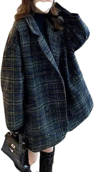 utcoco Womens Notched Lapel Pea Coat Double Breasted Open Front Winter Wool Blend Jackets Overcoat