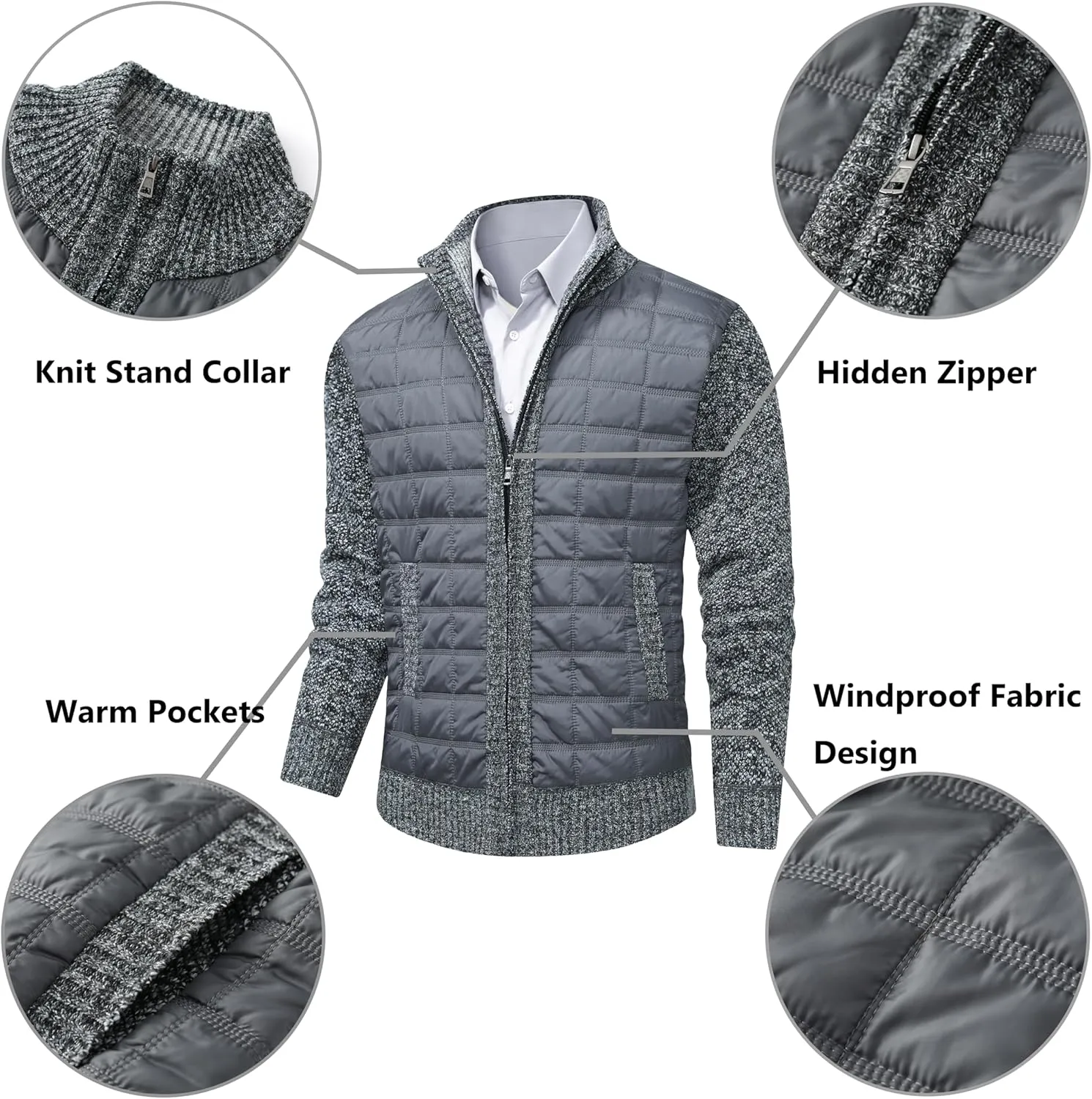 VtuAOL Men's Cardigan Sweaters Casual Full Zip Sweaters Knitted Cardigan with Pockets