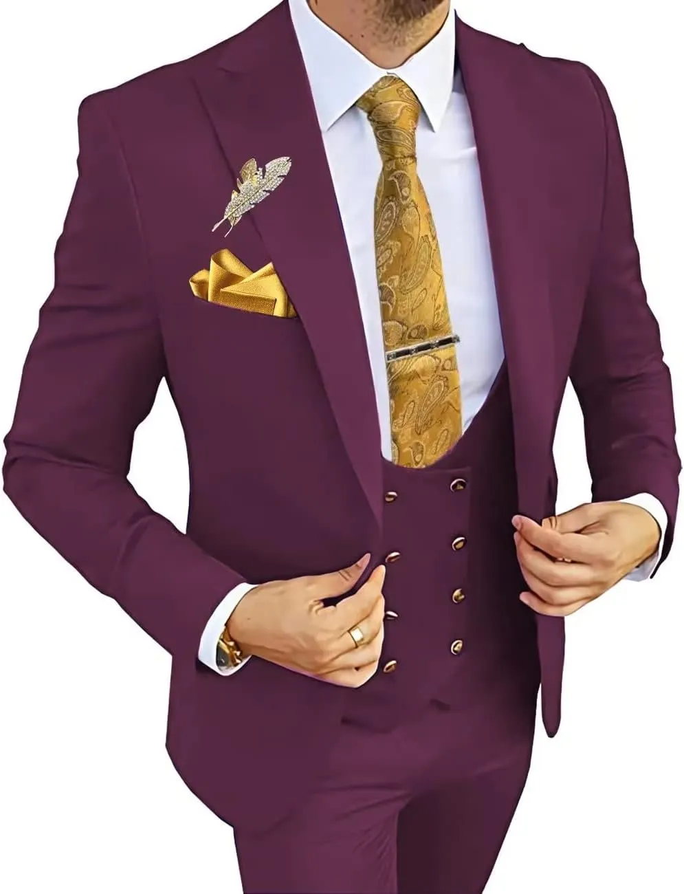 Wangyue 3 Piece Men's Suits Slim Fit Suits for Men Double Breasted Suit Men Wedding Prom Party Suits Blazer Vest Pants Suits