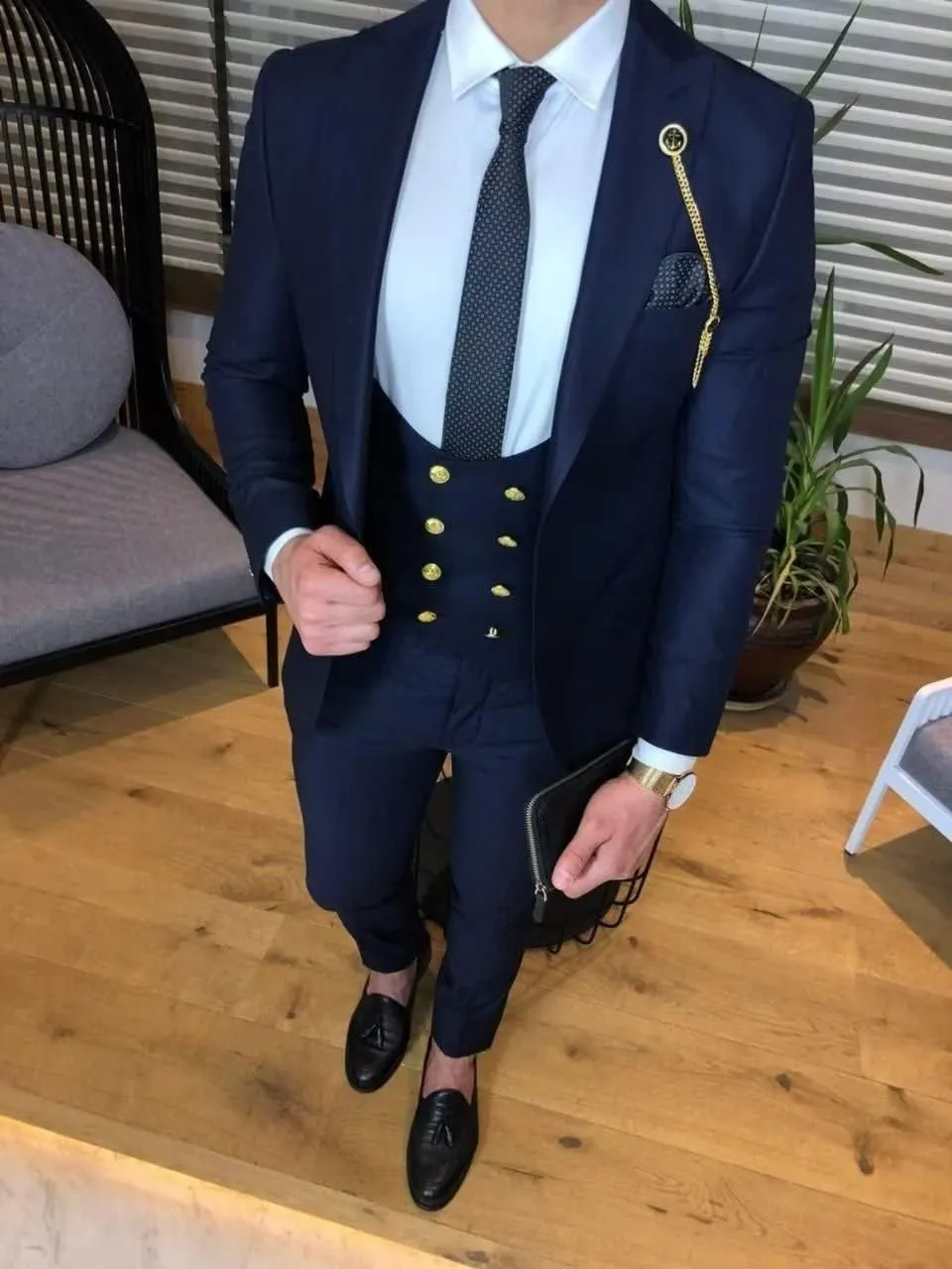 Wangyue 3 Piece Men's Suits Slim Fit Suits for Men Double Breasted Suit Men Wedding Prom Party Suits Blazer Vest Pants Suits