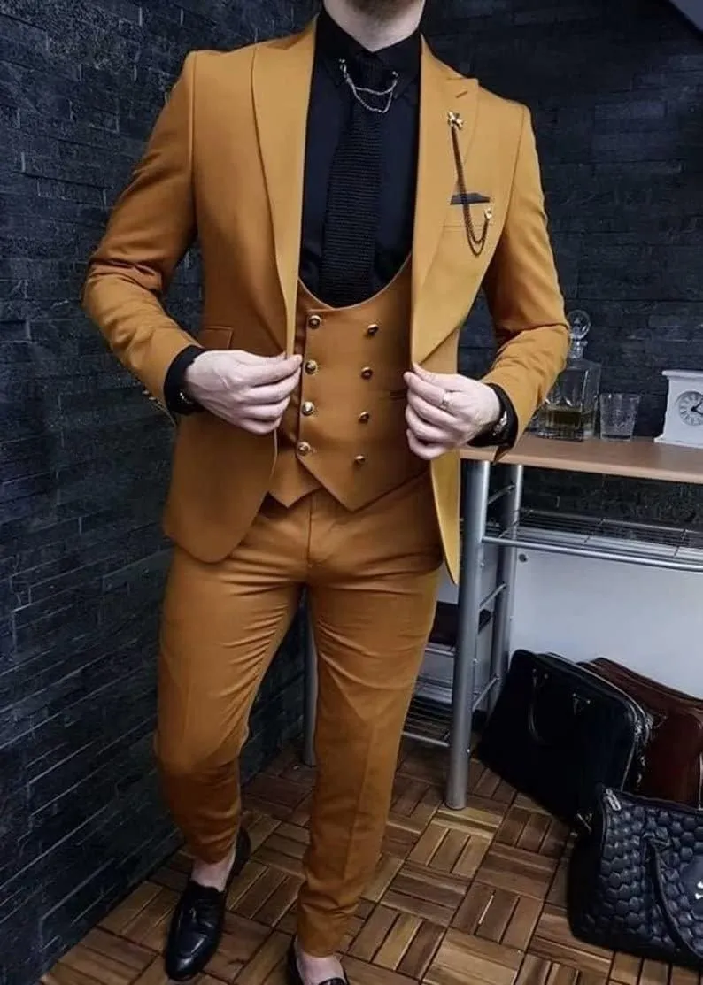 Wangyue 3 Piece Men's Suits Slim Fit Suits for Men Double Breasted Suit Men Wedding Prom Party Suits Blazer Vest Pants Suits