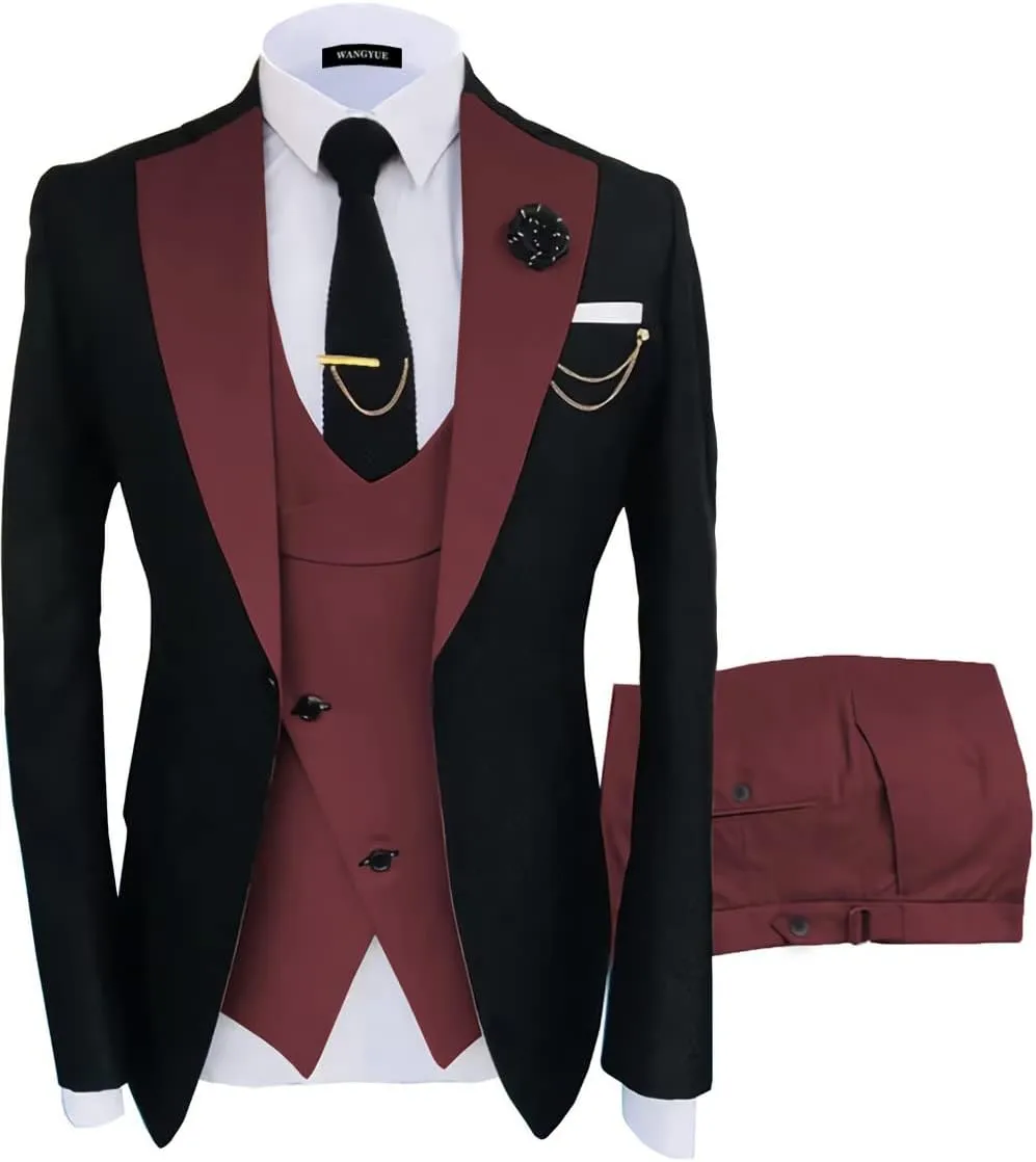 Wangyue Mens Suits Fashion Suits Slim Fit 3 Piece Blazer Vest Pants Wedding Prom Suits Set