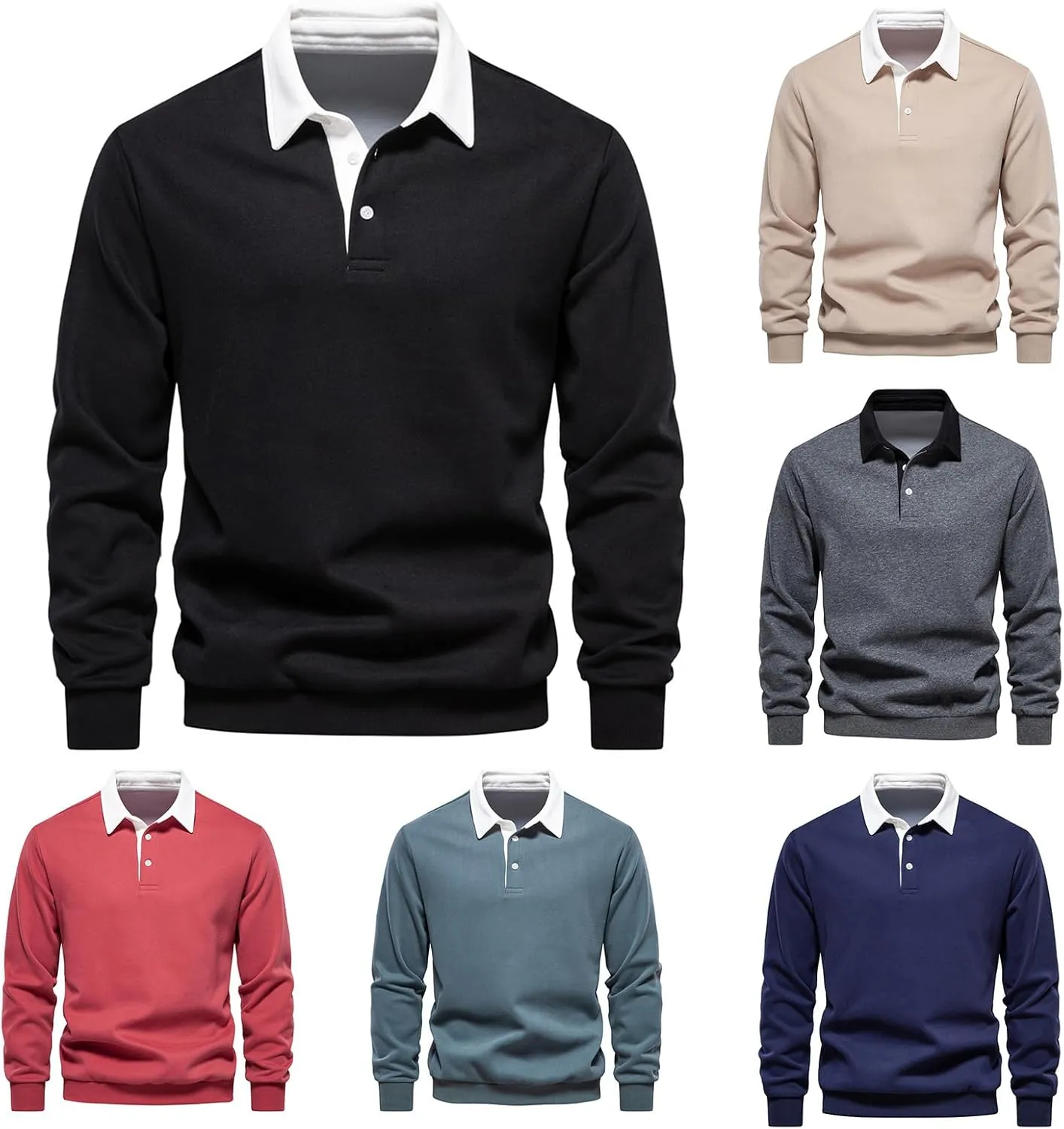 Wankang Mens Heavyweight Polo Sweatshirt Trendy Long Sleeve Sweatshirts Color Block Sports Shirts Fall Pullover Tops for Men