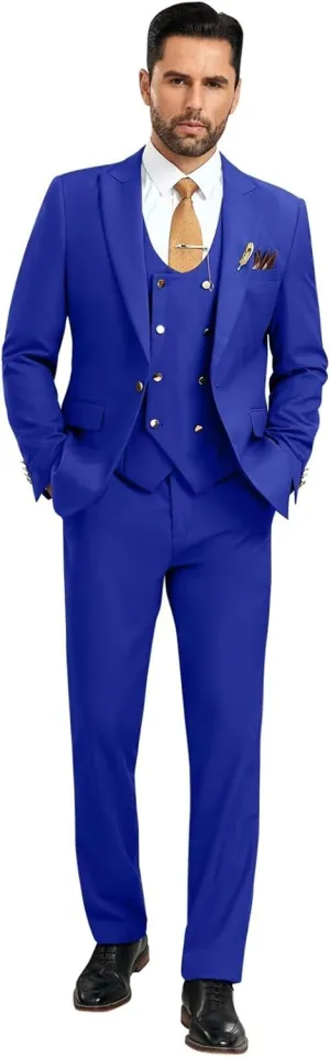 Wehilion 3 Piece Men's Suits Slim Fit Formal Bussiness Suits Double Breasted Suit for Wedding Prom Suits Blazer Vest Pants