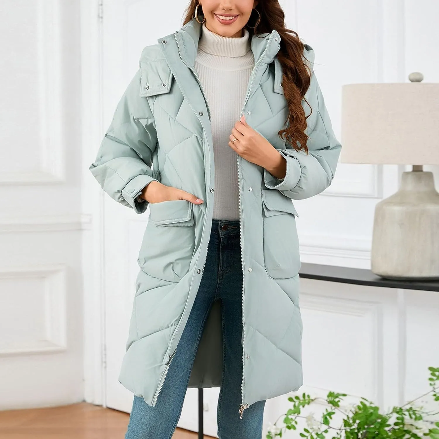 Winter Coats for Women 2024 Hooded Quilted Puffer Jackets Casual Warm Padded Coat Trendy Down Outerwear with Pockets
