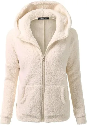 Winter Coats for Women Fuzzy Fleece Hooded Jacket Casual Solid Warm Zipper Outwear Loose Soft Long Sleeve Teddy Coat