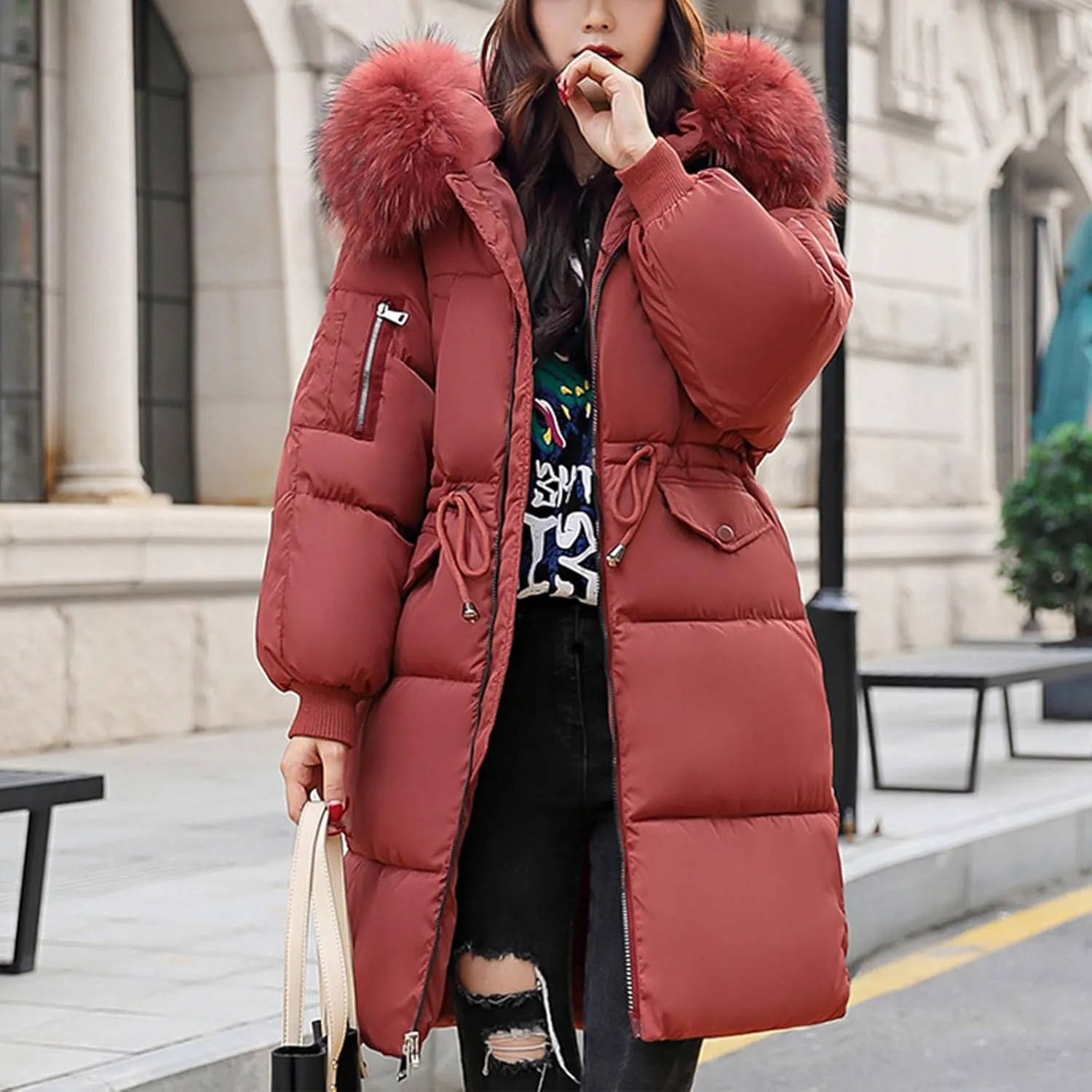 Winter Coats for Women Winter Thicken Warm Parka Coats Windproof Long Thicken Puffer Jacket Coats with Faux Fur Hood