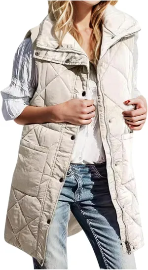 Winter Vest for Women Solid Lapel Zip Up Mid-Length Slim Fit Jackets Fall Winter Trendy Plus Size Quilted Jacket