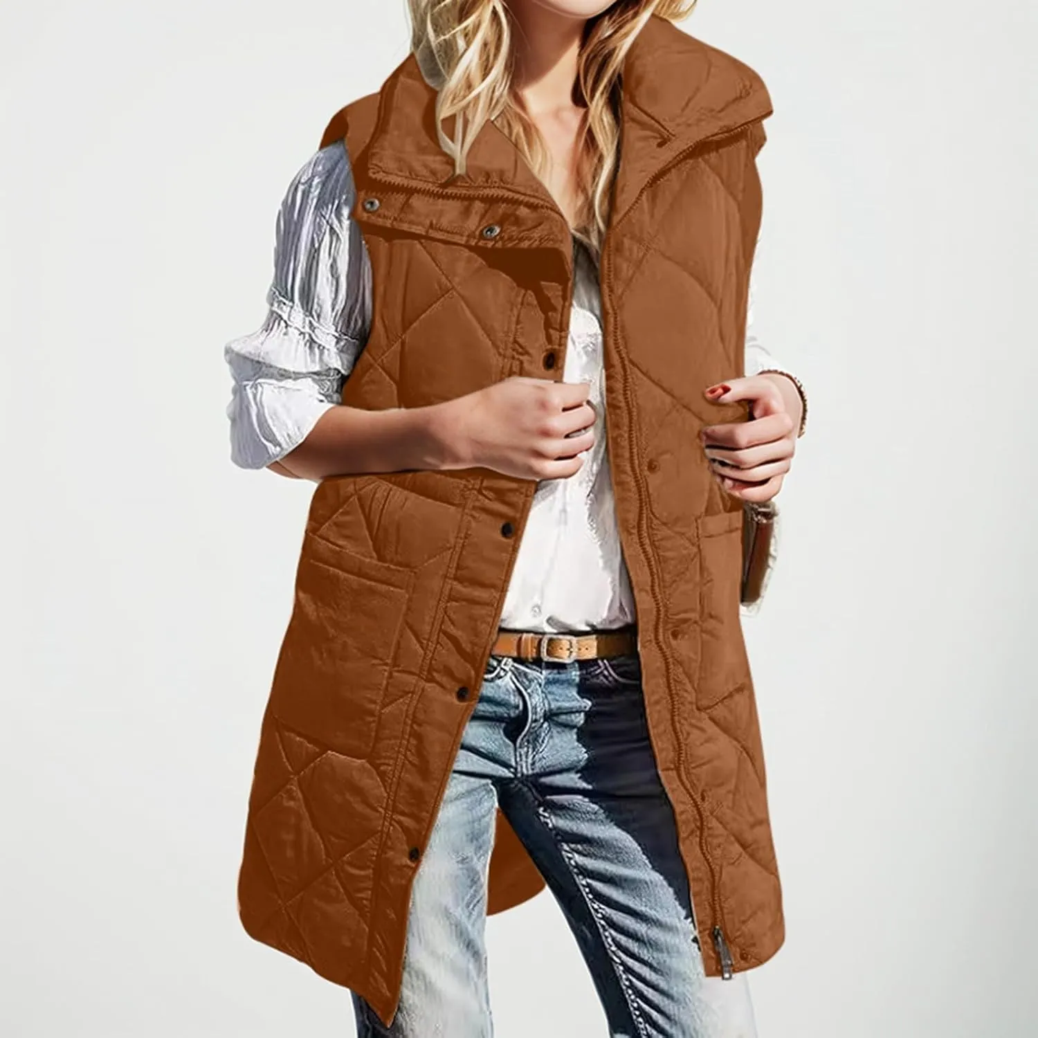 Winter Vest for Women Solid Lapel Zip Up Mid-Length Slim Fit Jackets Fall Winter Trendy Plus Size Quilted Jacket