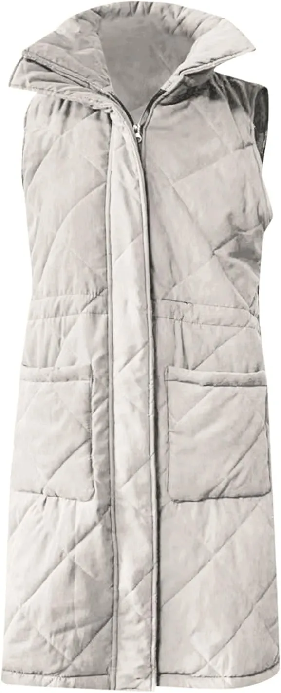 Winter Vest for Women Solid Lapel Zip Up Mid-Length Slim Fit Jackets Fall Winter Trendy Plus Size Quilted Jacket