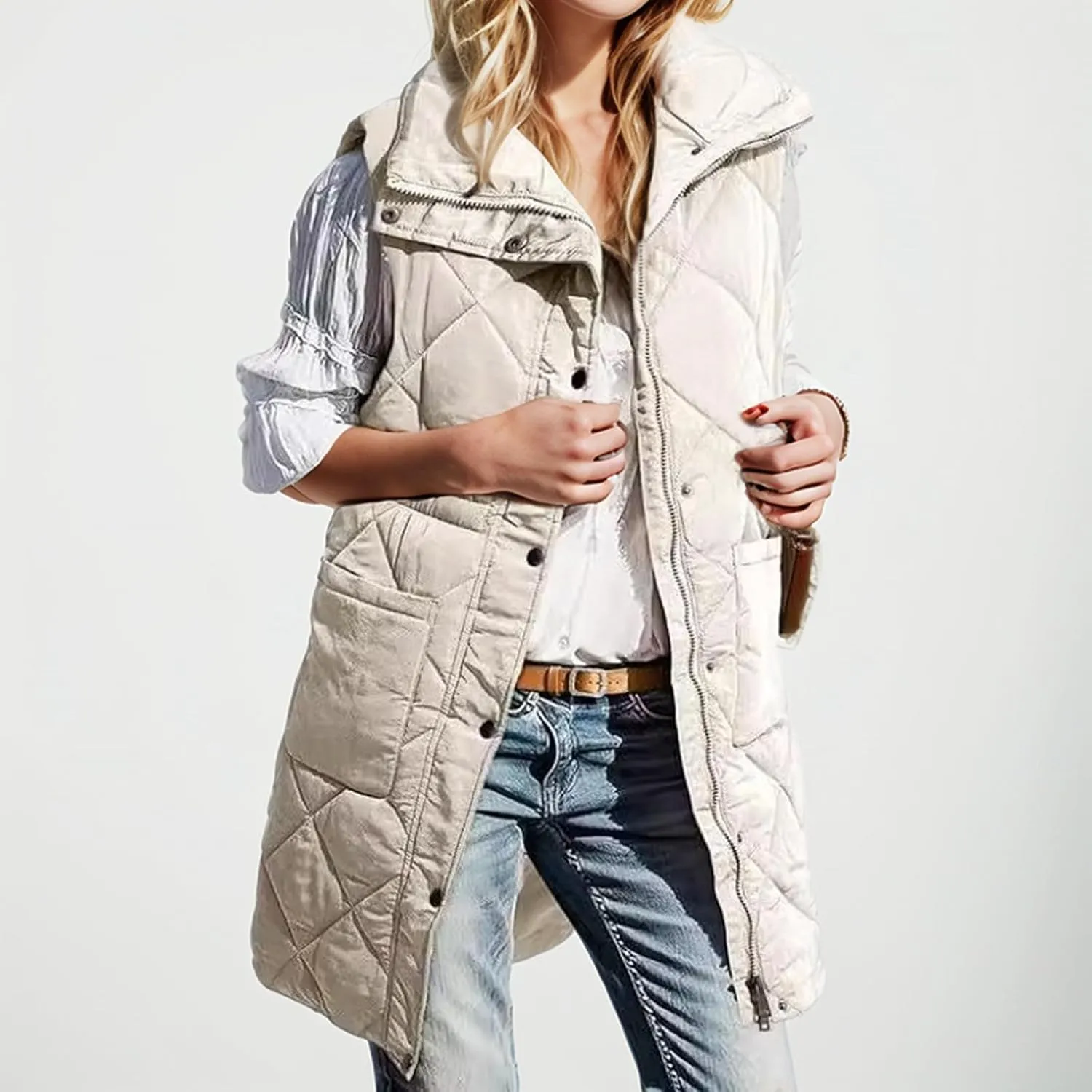 Winter Vest for Women Solid Lapel Zip Up Mid-Length Slim Fit Jackets Fall Winter Trendy Plus Size Quilted Jacket