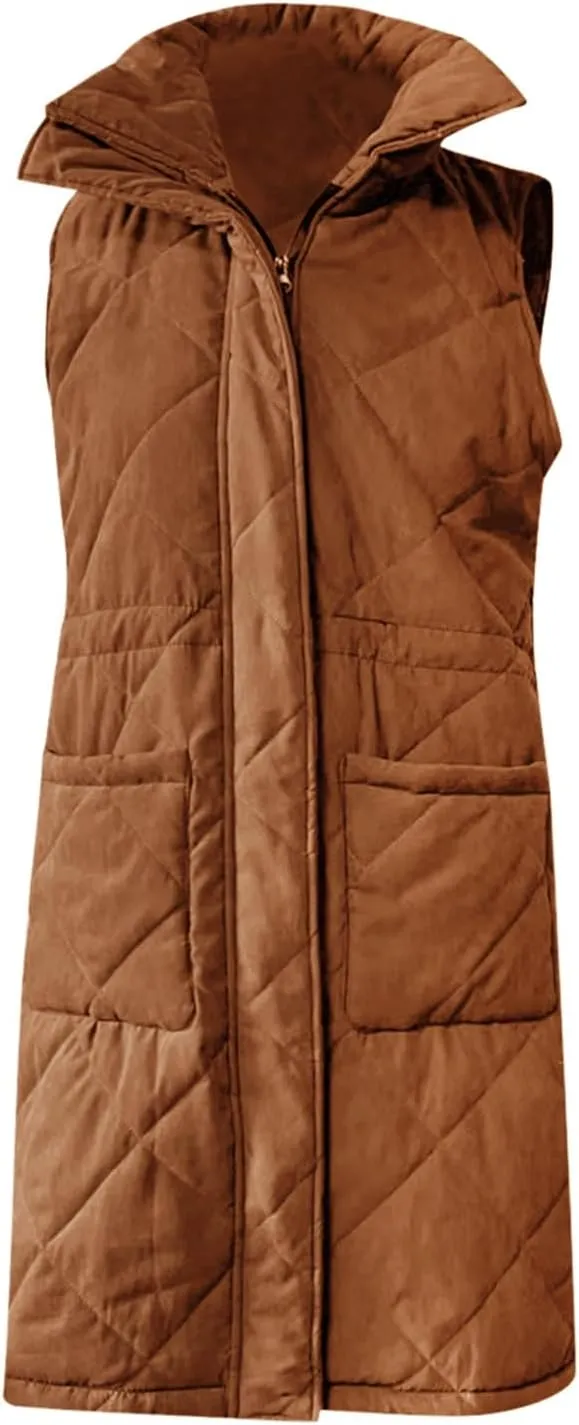 Winter Vest for Women Solid Lapel Zip Up Mid-Length Slim Fit Jackets Fall Winter Trendy Plus Size Quilted Jacket