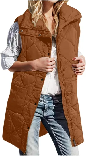 Winter Vest for Women Solid Lapel Zip Up Mid-Length Slim Fit Jackets Fall Winter Trendy Plus Size Quilted Jacket