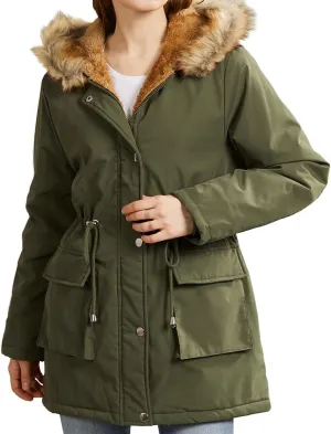 with Hood Winter Parka Jackets Fleece Lined Coats Ladies Padded Thermal Overcoat with Faux Hooded Windproof Thicken