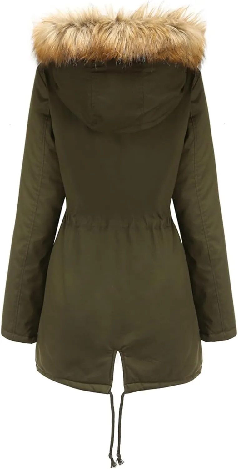 with Hood Winter Parka Jackets Fleece Lined Coats Ladies Padded Thermal Overcoat with Faux Hooded Windproof Thicken