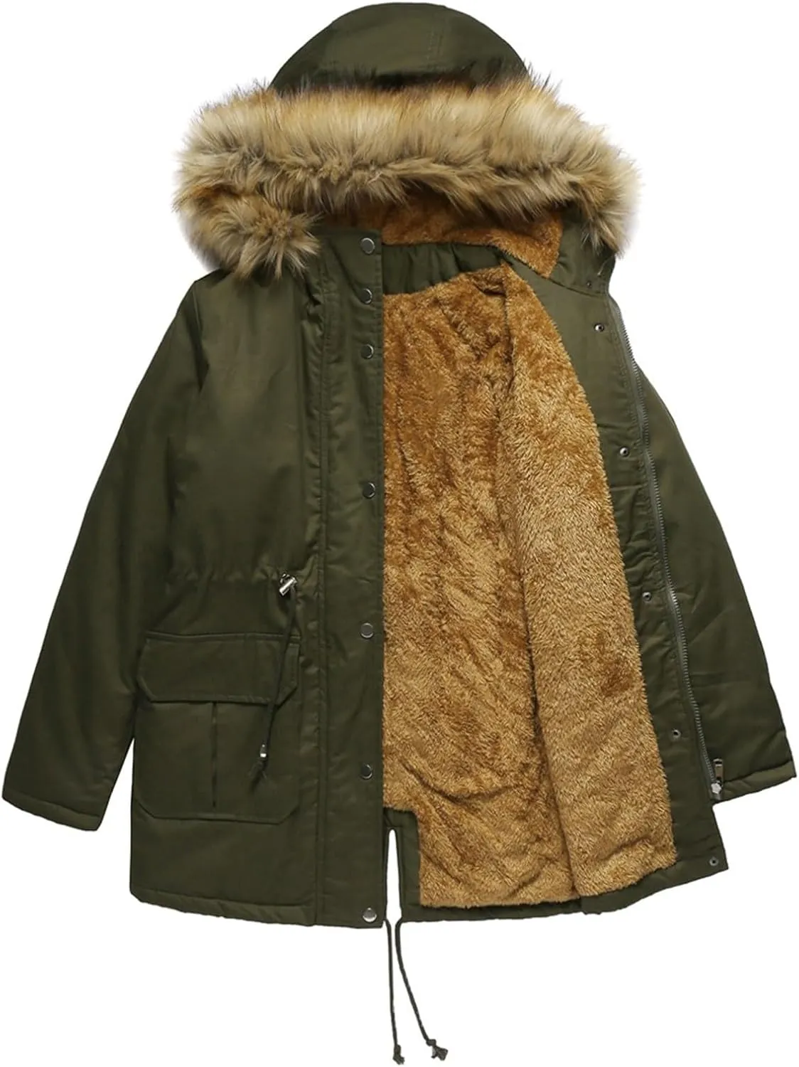 with Hood Winter Parka Jackets Fleece Lined Coats Ladies Padded Thermal Overcoat with Faux Hooded Windproof Thicken