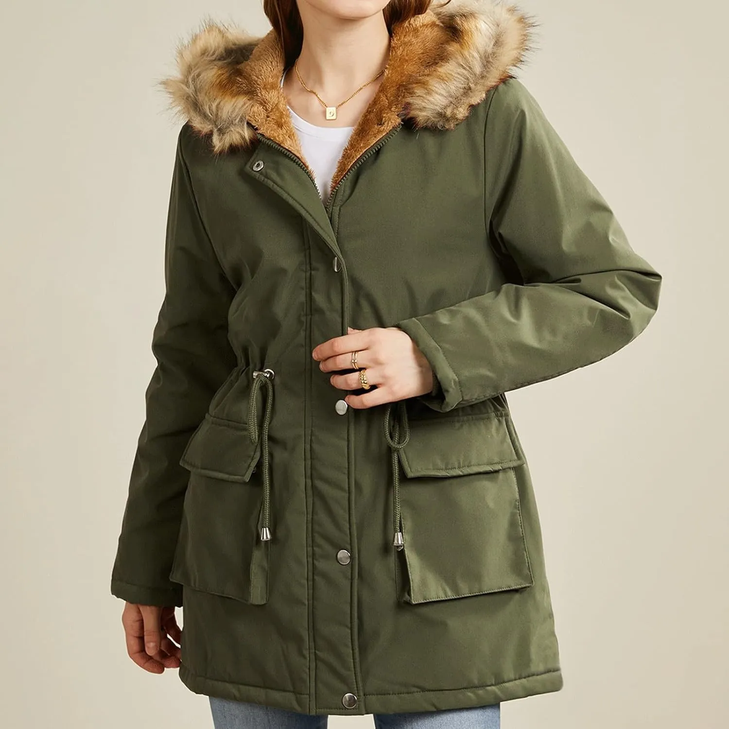with Hood Winter Parka Jackets Fleece Lined Coats Ladies Padded Thermal Overcoat with Faux Hooded Windproof Thicken