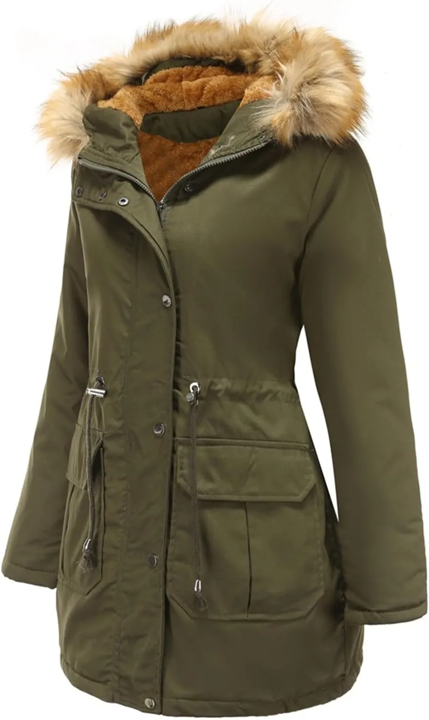 with Hood Winter Parka Jackets Fleece Lined Coats Ladies Padded Thermal Overcoat with Faux Hooded Windproof Thicken