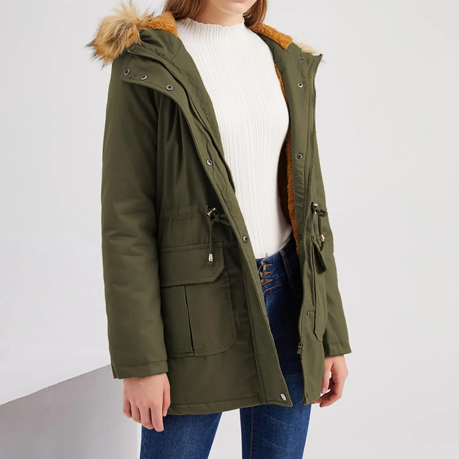 with Hood Winter Parka Jackets Fleece Lined Coats Ladies Padded Thermal Overcoat with Faux Hooded Windproof Thicken