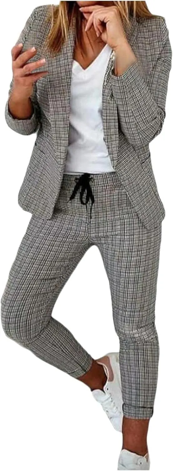 Women Blazer Set 2 Piece Outfits,Plaid Print Long Sleeve Blazer with Drawstring Pants Solid Business Casual Suit Set
