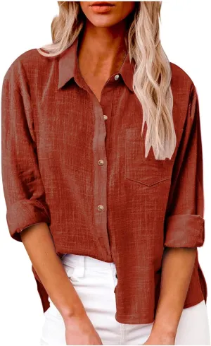 Women Cotton Linen Button Down T-Shirts Long Sleeve Gauze Cotton Dress Top Casual Loose Collared Vacation Blouses