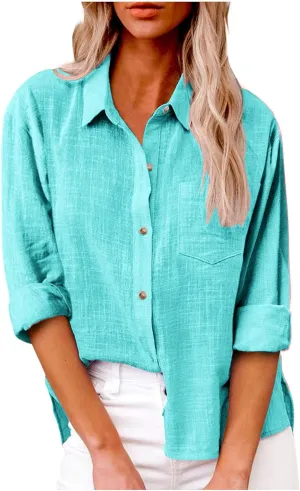 Women Cotton Linen Button Down T-Shirts Long Sleeve Gauze Cotton Dress Top Casual Loose Collared Vacation Blouses